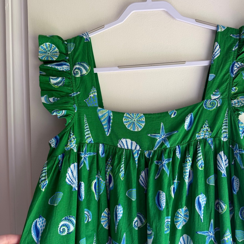 Printfresh Green Seashell Organic Cotton Ruffle Midi Dress Womens Large L - Picture 2 of 10